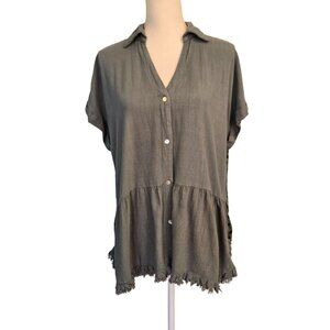 UMGEE Mixed Media Oversized Green Linen Blend Frayed Button Shirt Womens Small